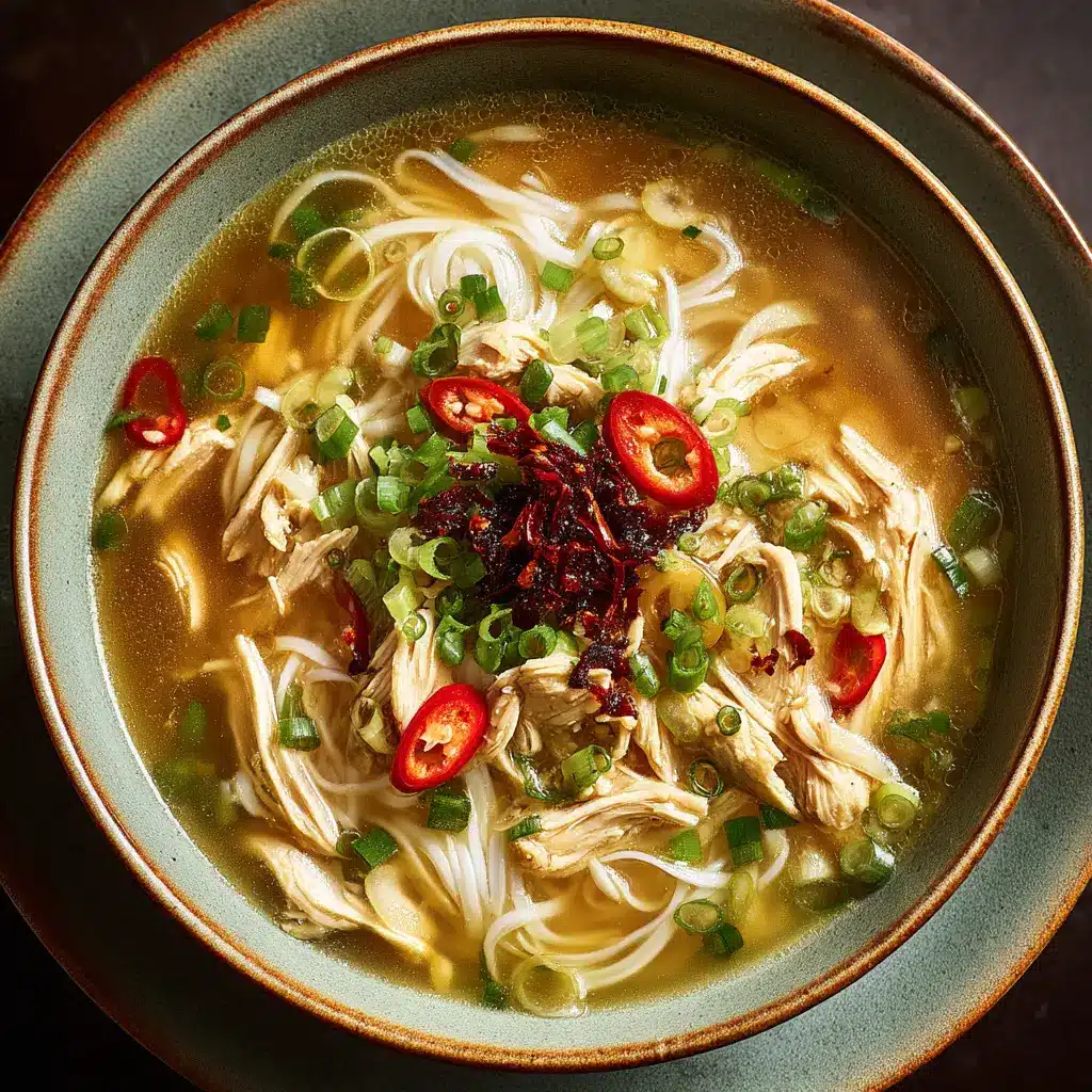 A beautiful bowl of Asian-inspired chicken noodle soup with ginger and garlic, ready to be served.