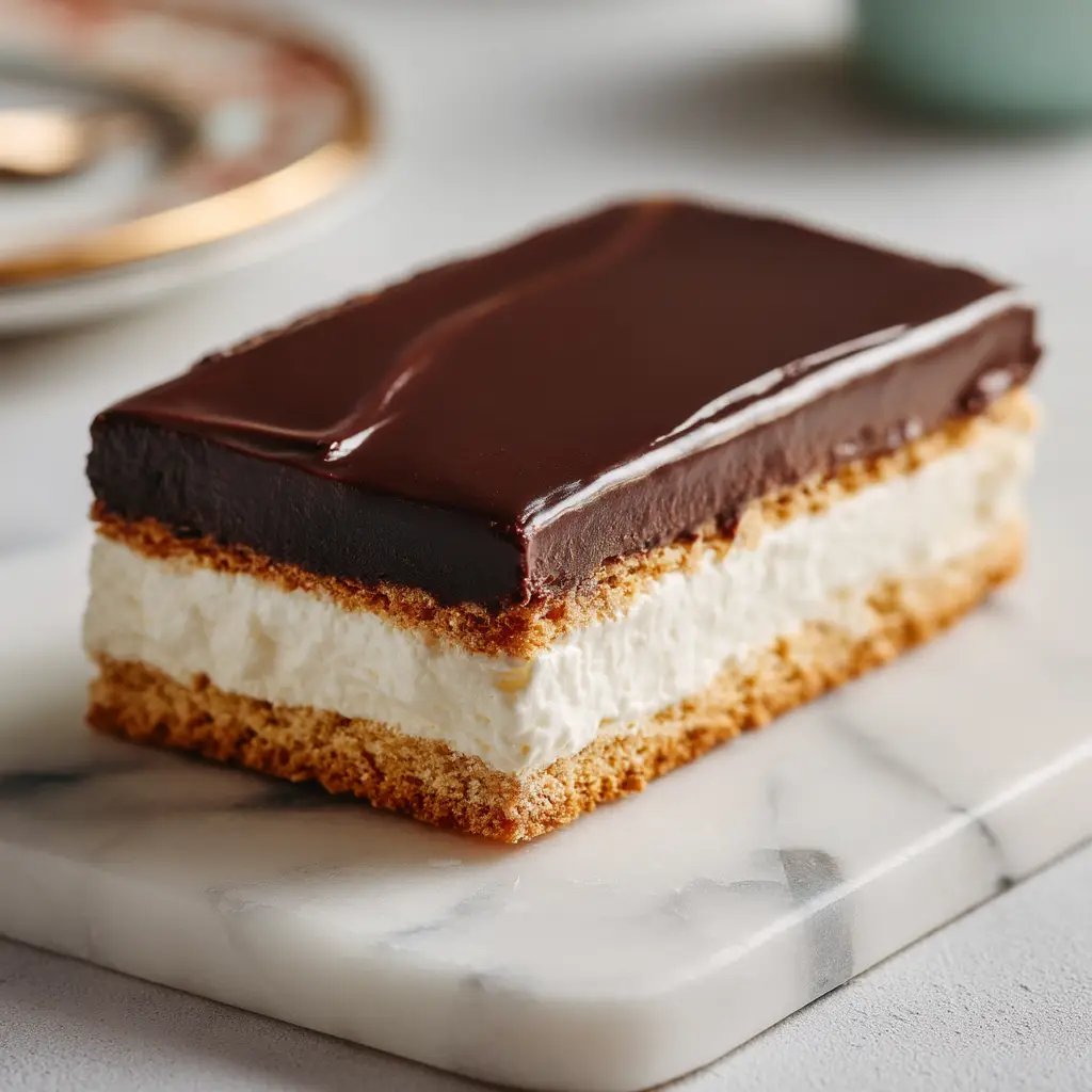 A stunning rectangular Chocolate Eclair Cake in a glass baking dish, topped with a glossy chocolate ganache and ready to be served.