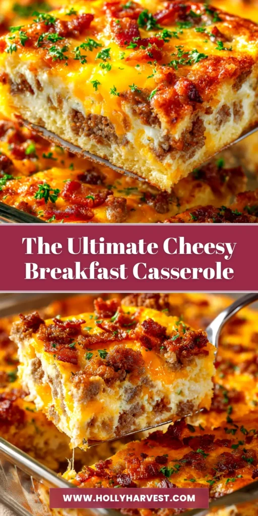 A delicious slice of make-ahead breakfast casserole on a white plate, showcasing layers of sausage, egg, and melted cheese, perfect for a weekend brunch.