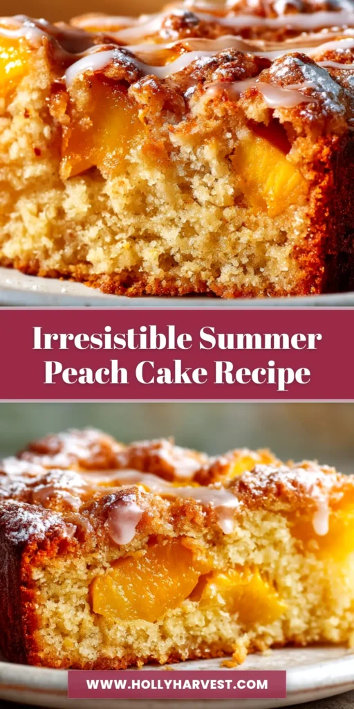 A beautiful overhead shot of a freshly baked peach cake recipe, golden brown and topped with sliced peaches and a sprinkle of cinnamon.