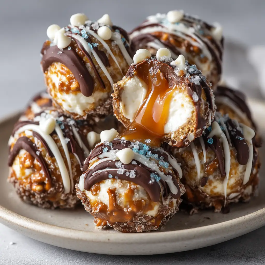 A stacked pyramid of easy no-bake cheesecake truffles, emphasizing the rich caramel drizzle and salty pretzel garnish.