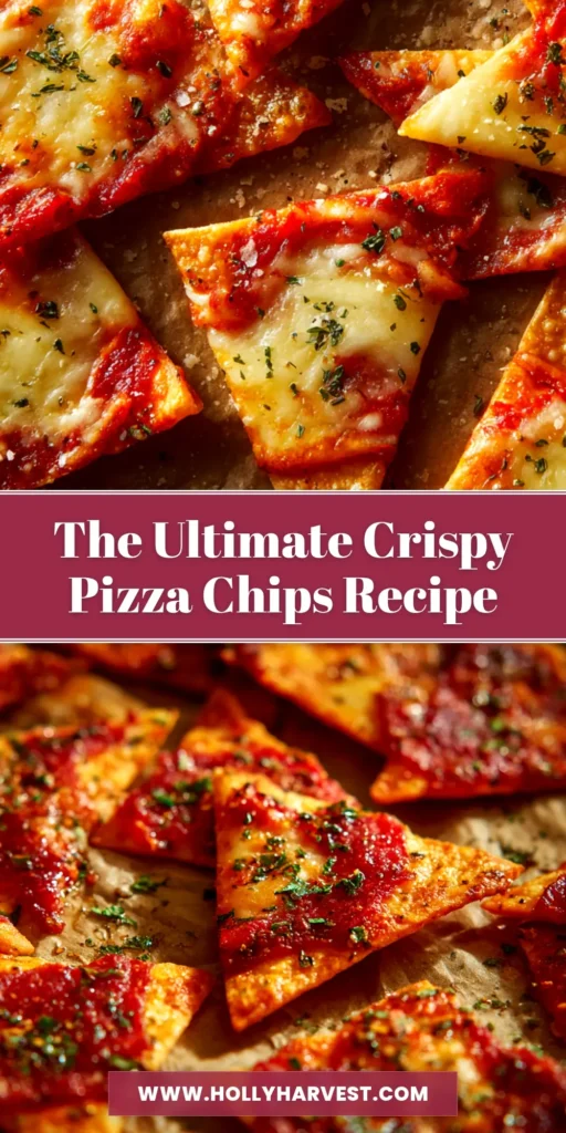 A shareable pin image showing crispy homemade Pizza Chips arranged on a platter with a bowl of marinara dipping sauce. The text overlay reads 'Easy 15-Minute Pizza Chips Recipe'.
