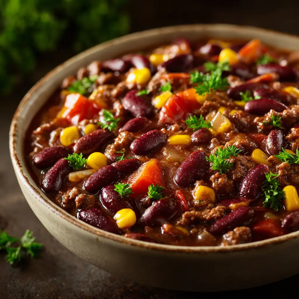 A spoonful of slow cooker cowboy beans being lifted from a bowl, showing the thick, rich sauce and combination of beans.