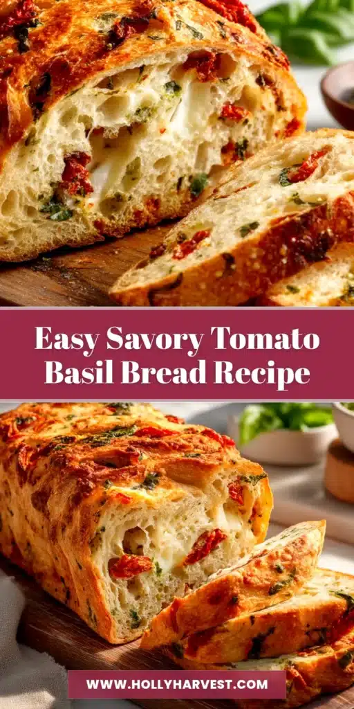 A beautiful golden-brown loaf of homemade Tomato Basil Bread on a wooden board, with a few fresh basil leaves scattered around.