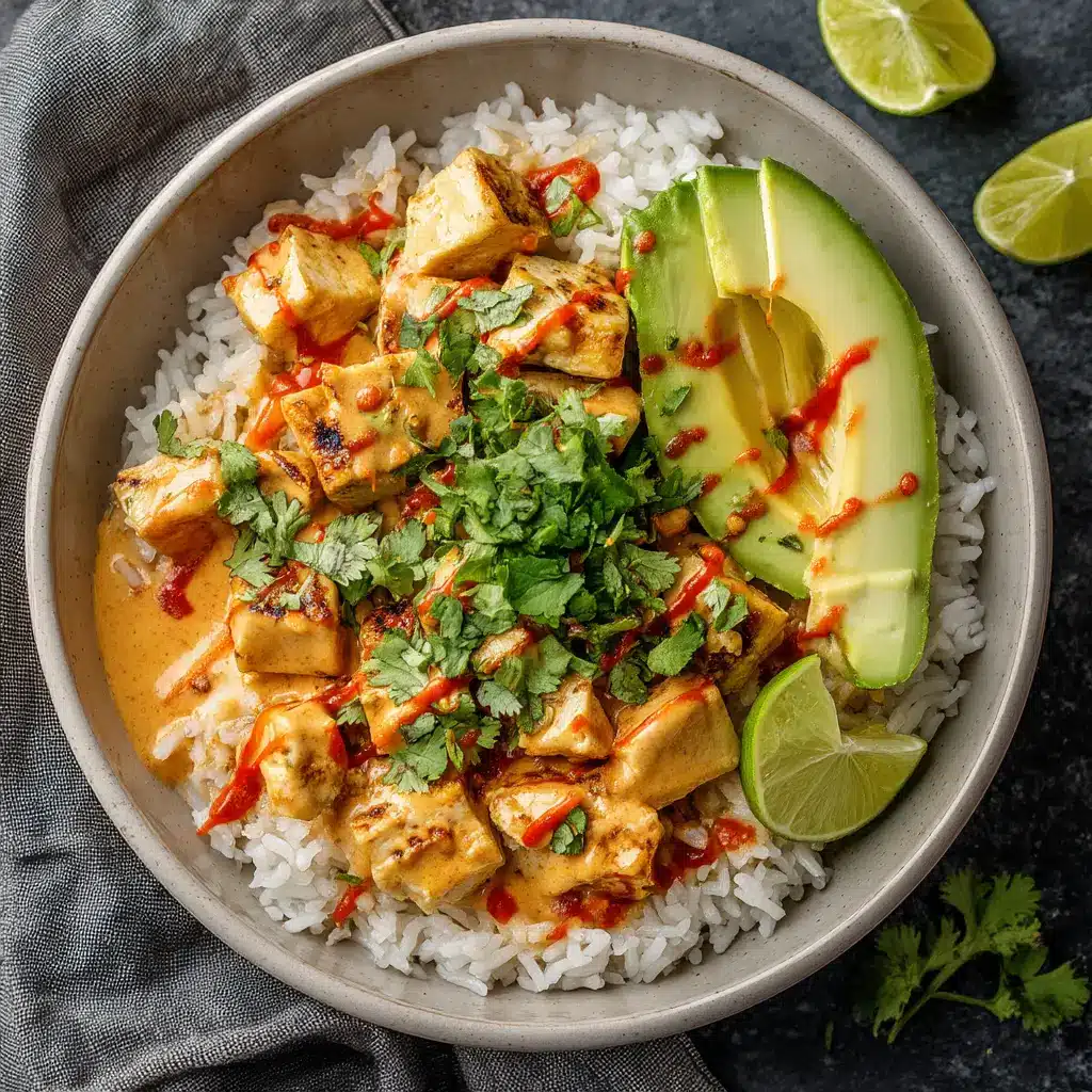 Coconut Chicken Rice Bowl (The Easiest, Creamiest Recipe!) 1 A fully assembled Coconut Chicken Rice Bowl from a side angle, showing the fluffy coconut rice, creamy chicken, and fresh cilantro.