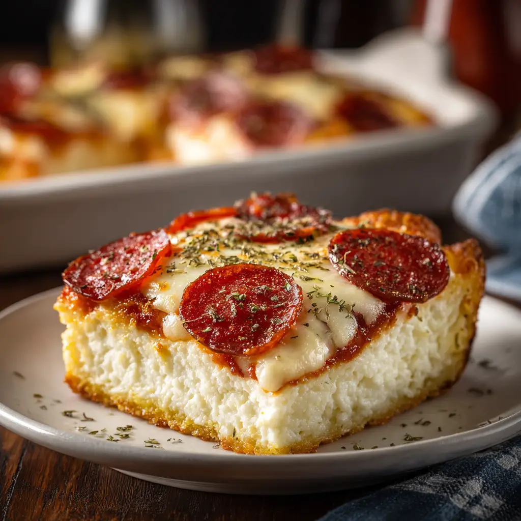 The full crustless pizza casserole in a baking dish after coming out of the oven, with bubbly mozzarella and crisp pepperoni.