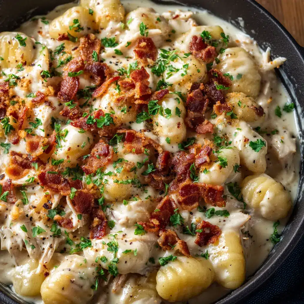 The finished Crack Chicken Gnocchi in a pan, topped with melted cheddar cheese, crispy bacon bits, and chopped green onions.