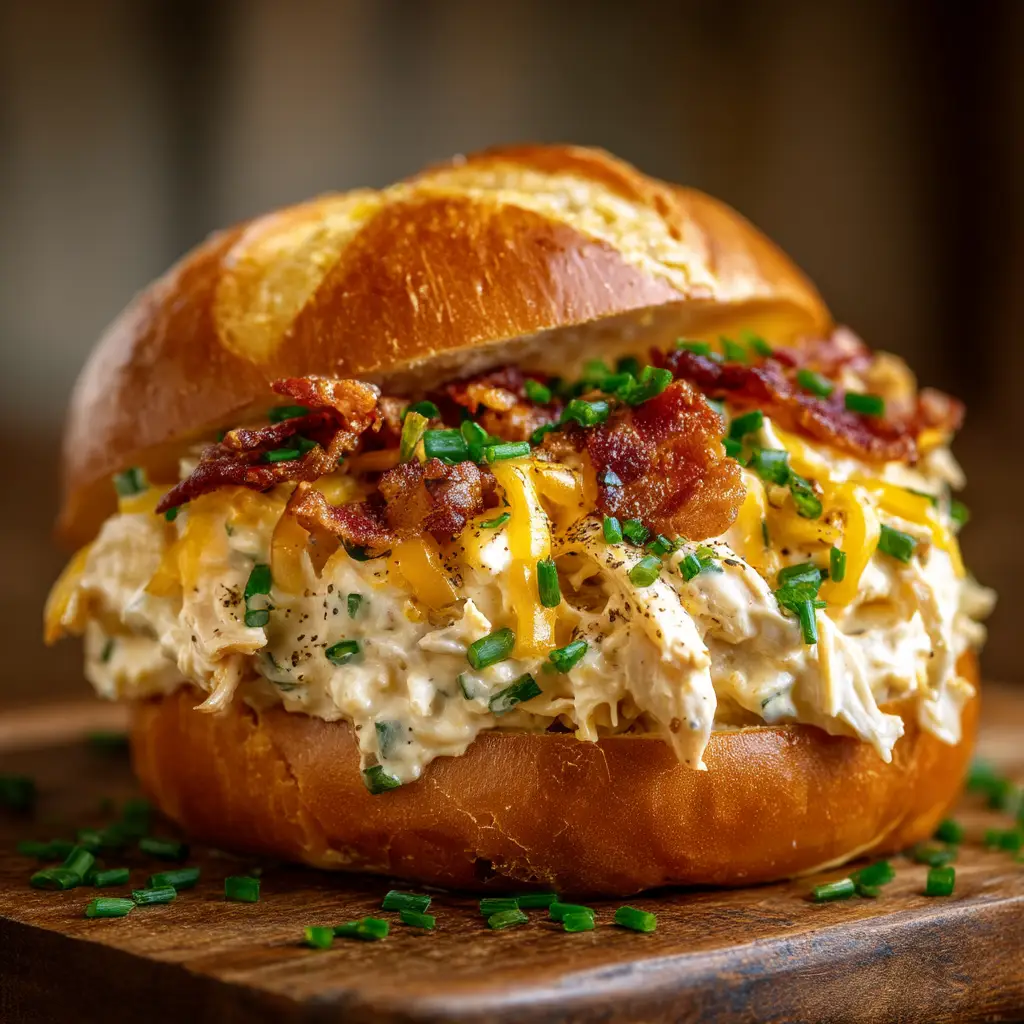 A finished crack chicken sandwich on a brioche bun, overflowing with cheesy shredded chicken and garnished with fresh green onions.