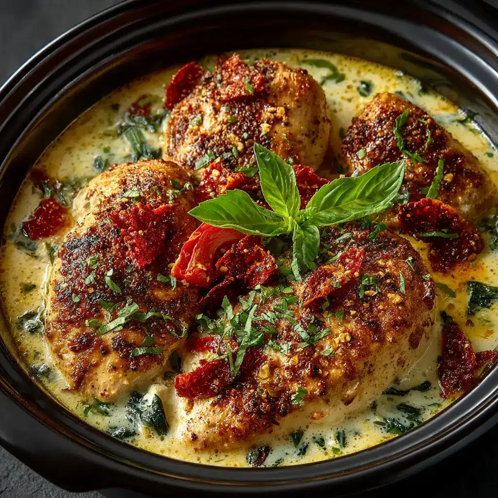 The finished Crockpot Marry Me Chicken in the slow cooker, with the creamy parmesan sauce and fresh basil.