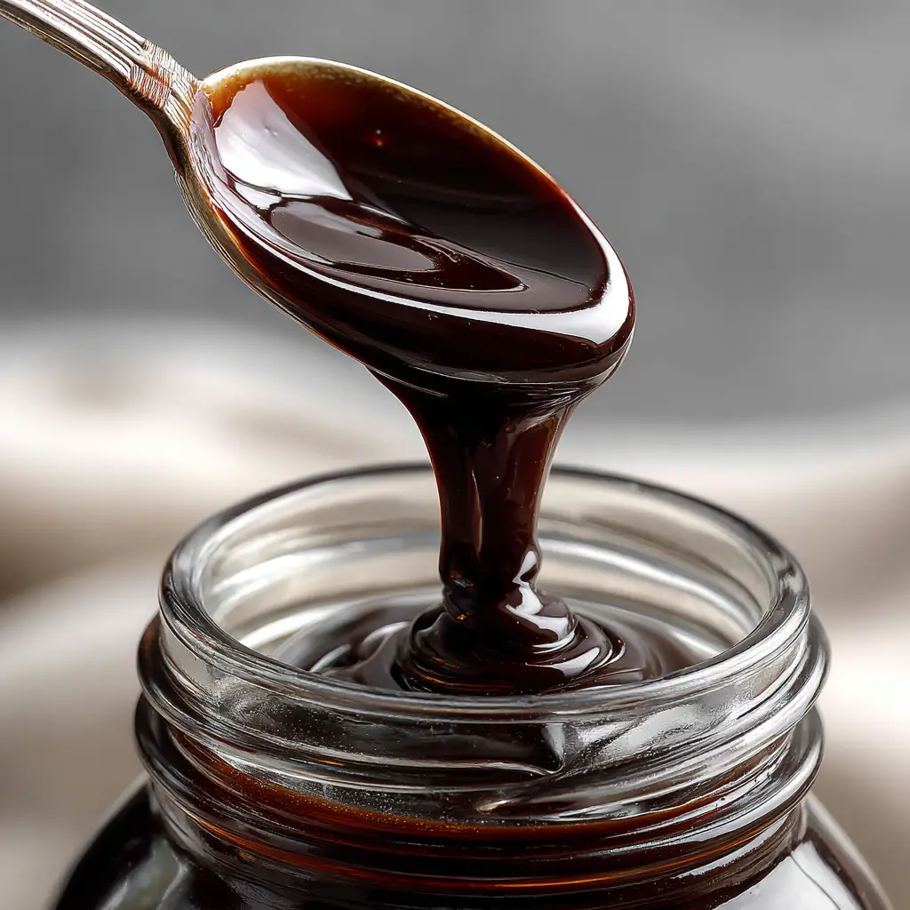 A spoonful of thick, decadent homemade chocolate syrup being lifted from a jar, highlighting its perfect drizzling consistency.