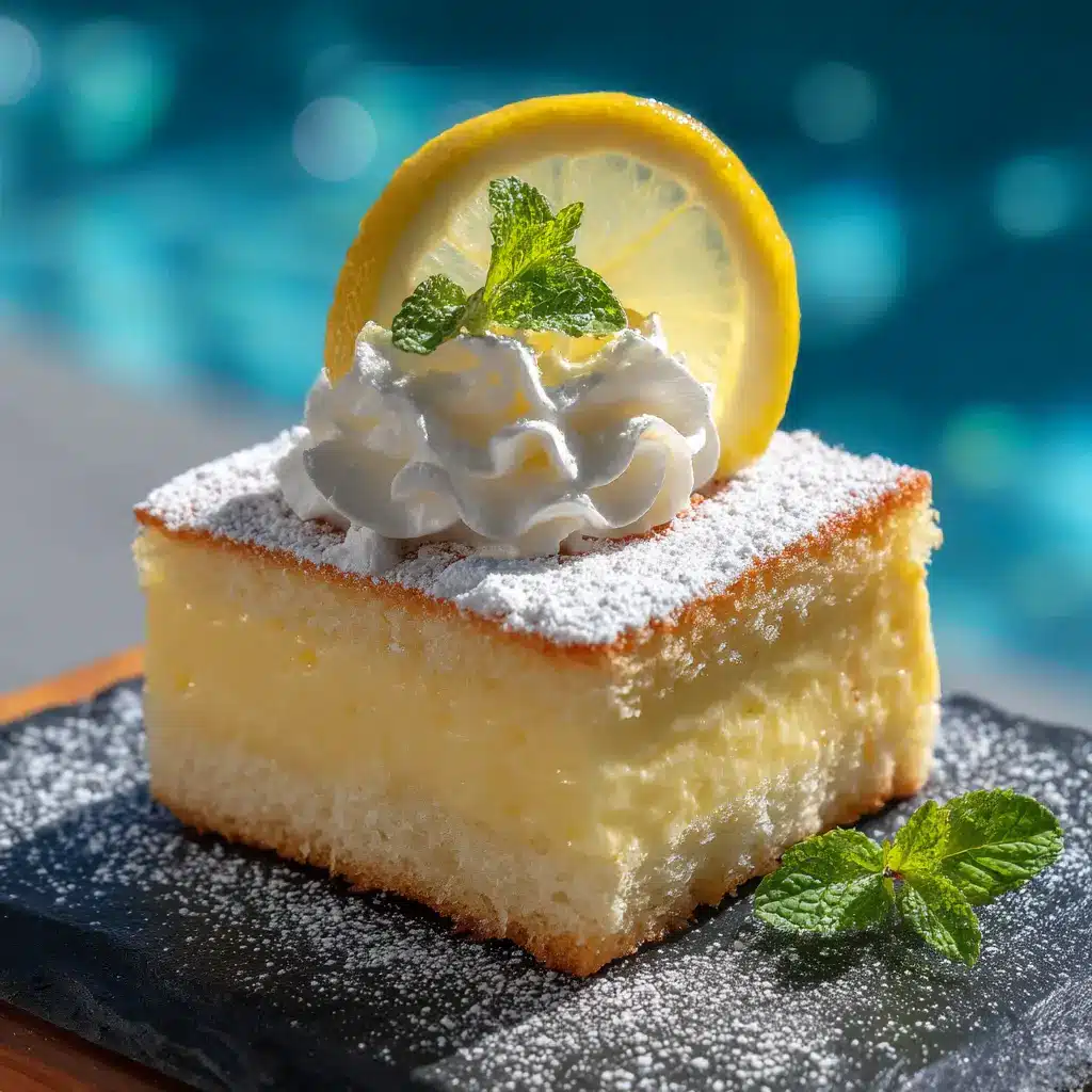 Lemon Custard Cake Recipe (That's Pure Magic!) 1 A beautiful square of lemon custard dessert, dusted with powdered sugar and ready to be served. The top is a perfect golden brown.