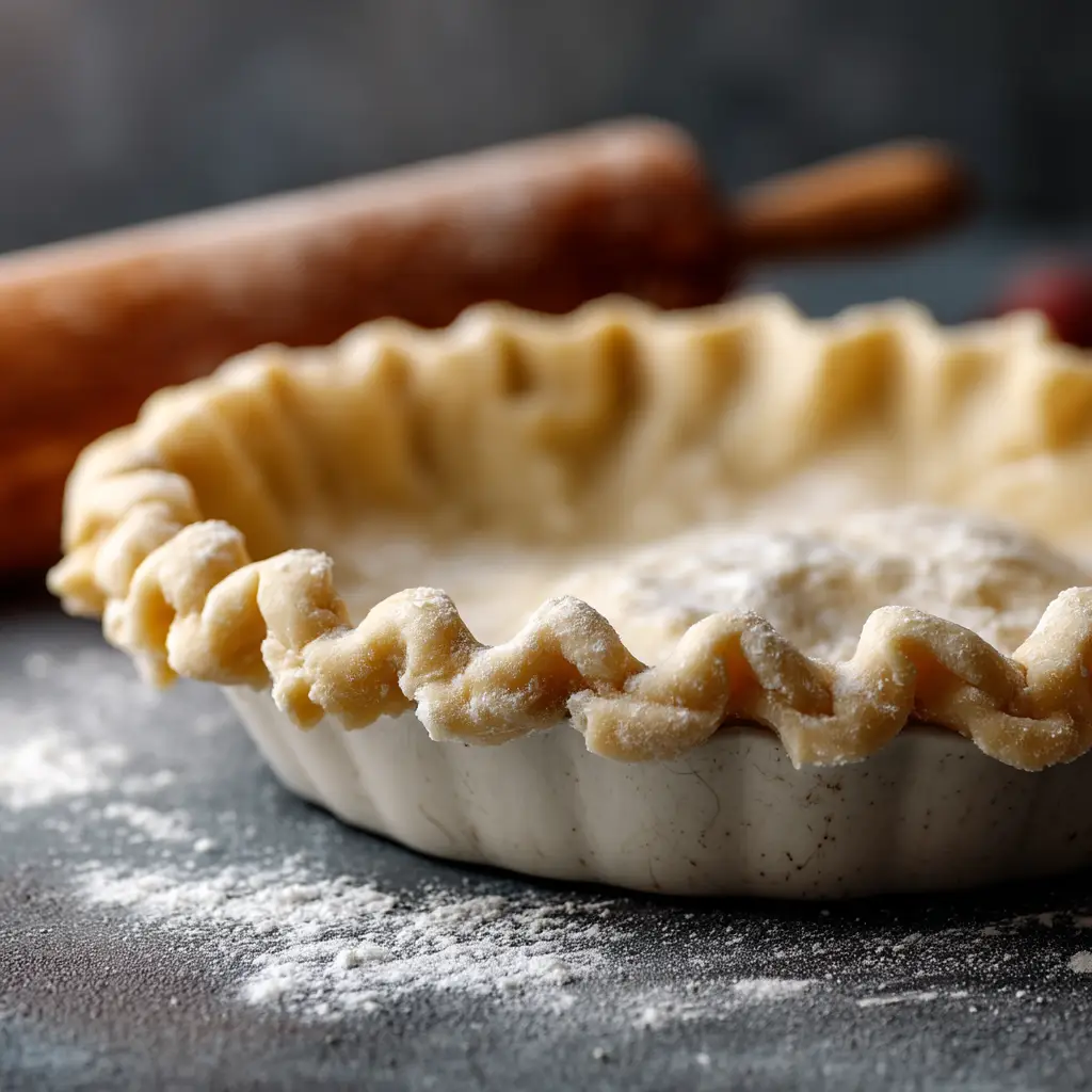 A close-up shot showing the flaky layers of an all-butter pie crust after being mixed, highlighting the visible pieces of cold butter in the dough.