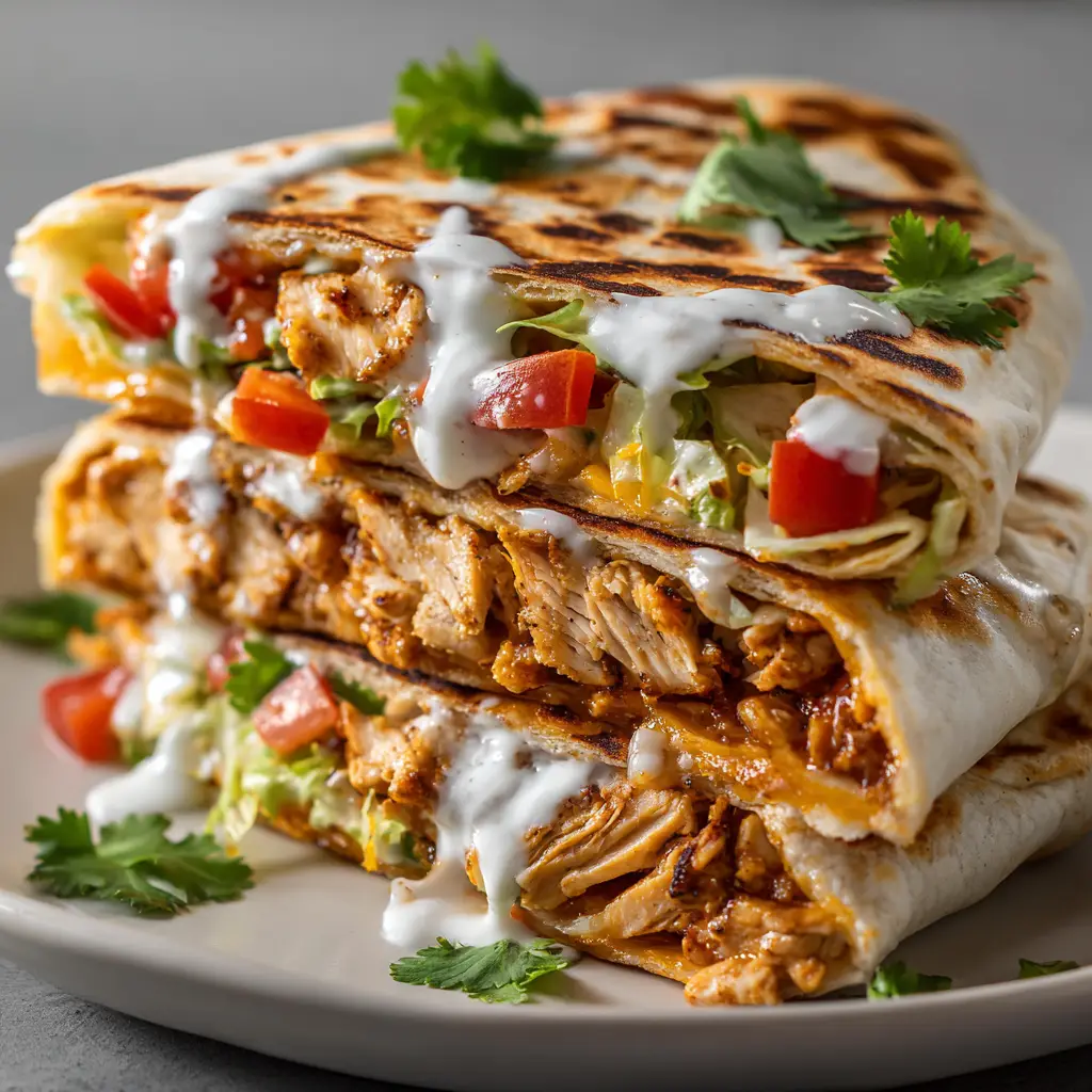 A close-up of the perfectly folded seams of a healthy chicken crunch wrap before it is placed in the pan.