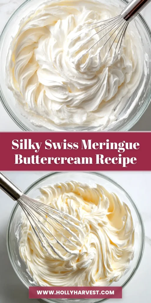 A step-by-step guide to making perfect Swiss Meringue Buttercream. A bowl of smooth, white frosting next to a whisk, with text overlay.