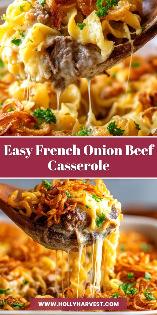 French Onion Beef Casserole: The Ultimate Comfort Food 3 A delicious and cheesy French Onion Beef Casserole baked in a white dish, with a serving spoon lifting out a portion, showing the layers of noodles and beef.
