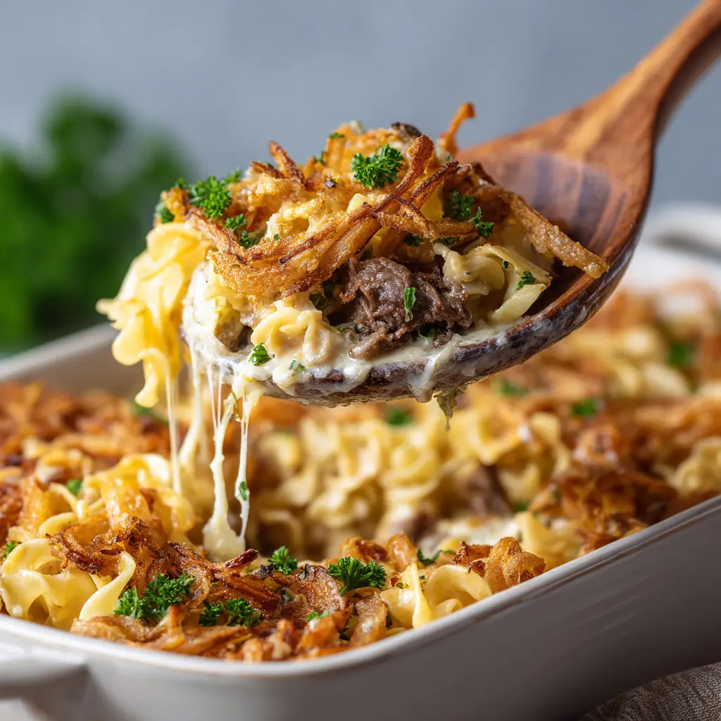 French Onion Beef Casserole: The Ultimate Comfort Food 2 An extreme close-up of a serving of creamy French Onion Beef Casserole on a plate, highlighting the rich sauce and tender beef.