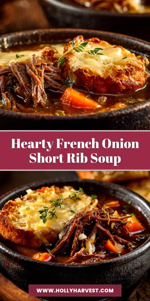 An overhead shot of a bowl of French Onion Beef Short Rib Soup, with a perfectly golden, melted Gruyère cheese topping over a crouton, ready to be eaten.