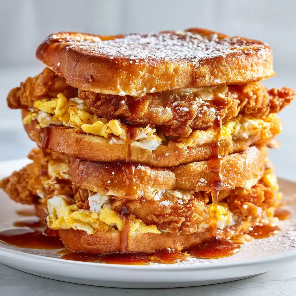 Two halves of a French Toast Fried Chicken Sandwich stacked, revealing the juicy chicken and soft brioche bread interior.