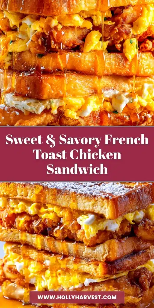 A delicious French Toast Fried Chicken Sandwich drizzled with maple syrup, shown on a rustic wooden board. The ultimate sweet and savory brunch recipe.
