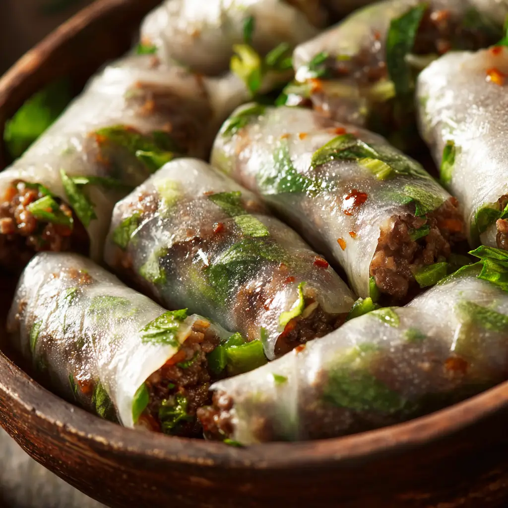 Thai Basil Beef Rolls (That Are Actually Easy to Make!) 2 A close-up shot of several Thai Basil Beef Rolls arranged neatly, showing the texture of the rice paper wrapper and the colorful filling inside.