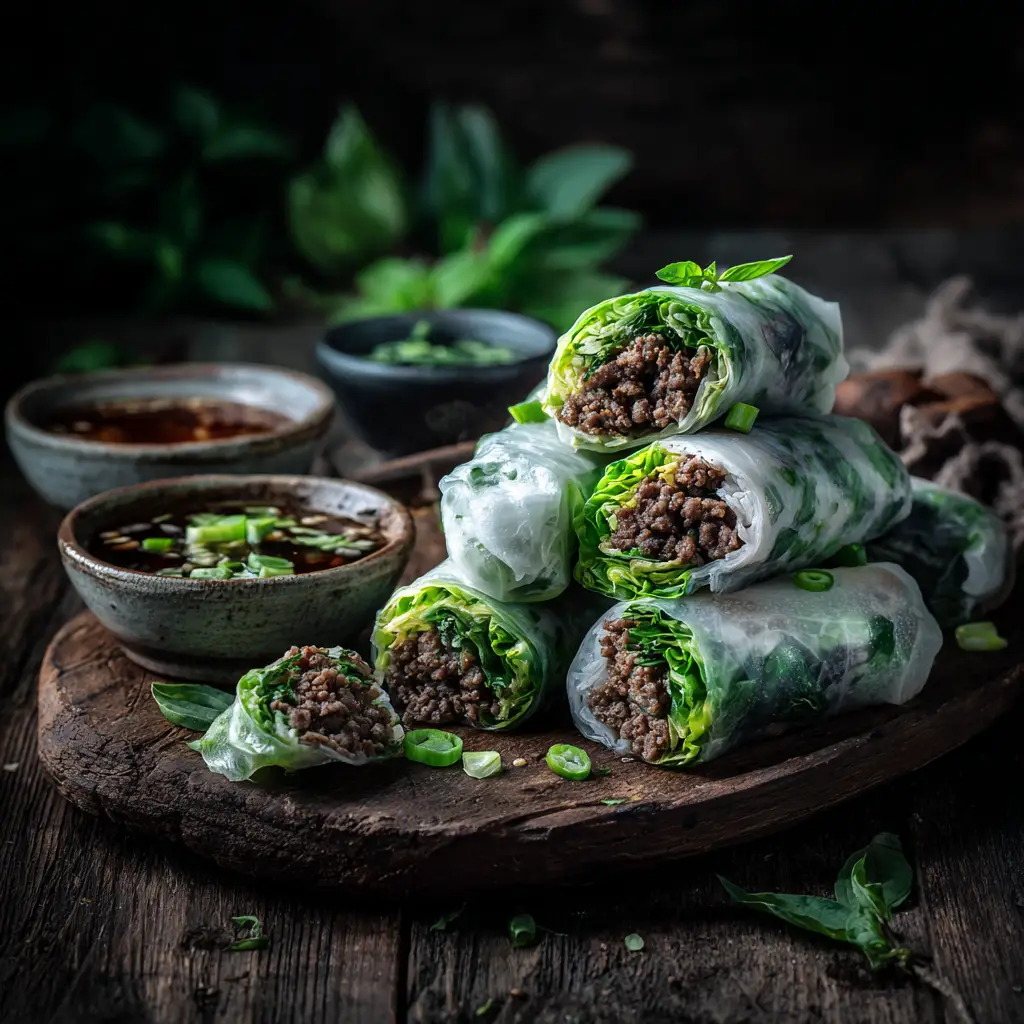 Thai Basil Beef Rolls (Easy & Flavorful Recipe) 2 A platter of Thai Basil Beef Rolls arranged beautifully, showing the fresh ingredients like lettuce, carrots, and beef through the translucent rice paper.
