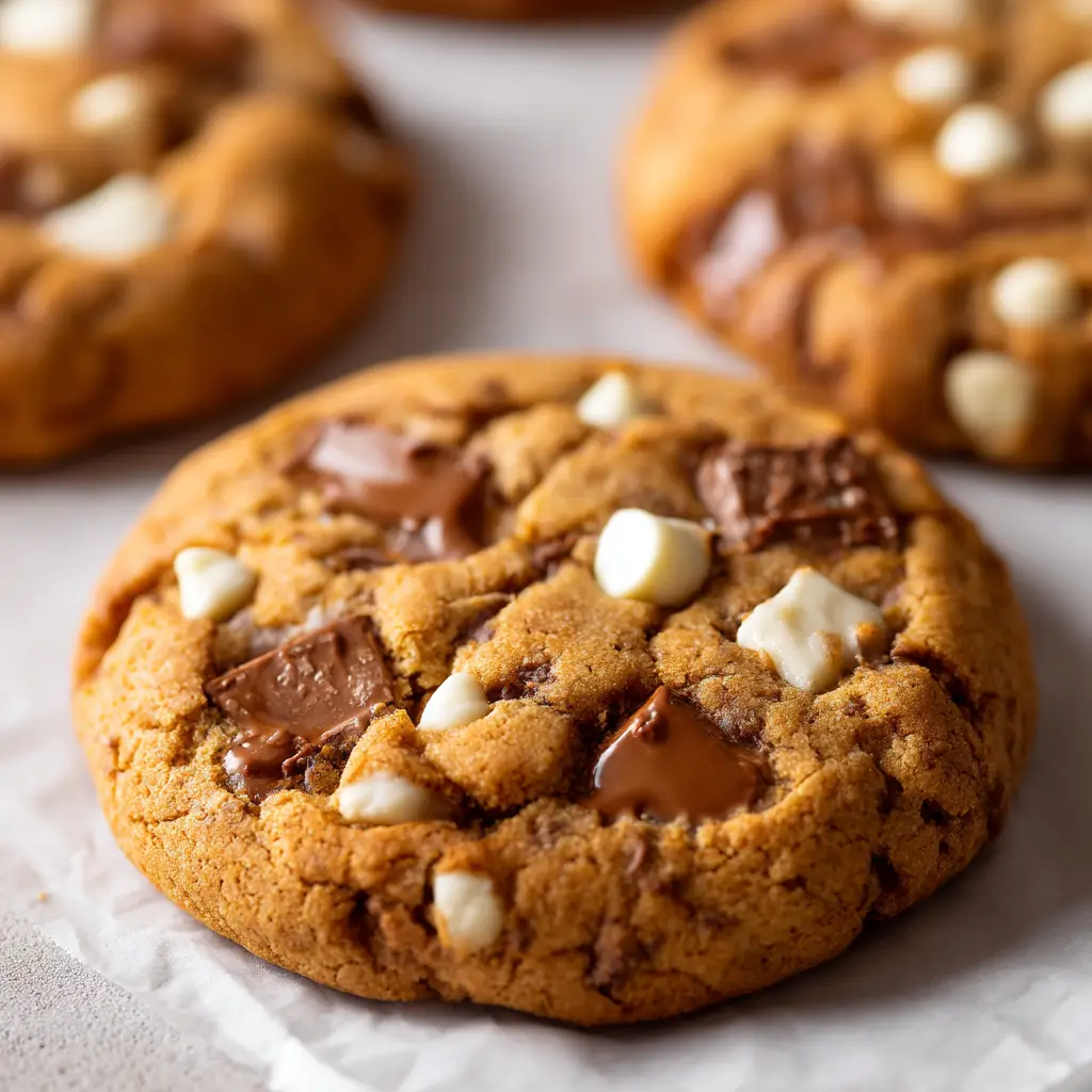 A batch of freshly baked golden brown chocolate chip cookies cooling on a wire rack, ready to be eaten.