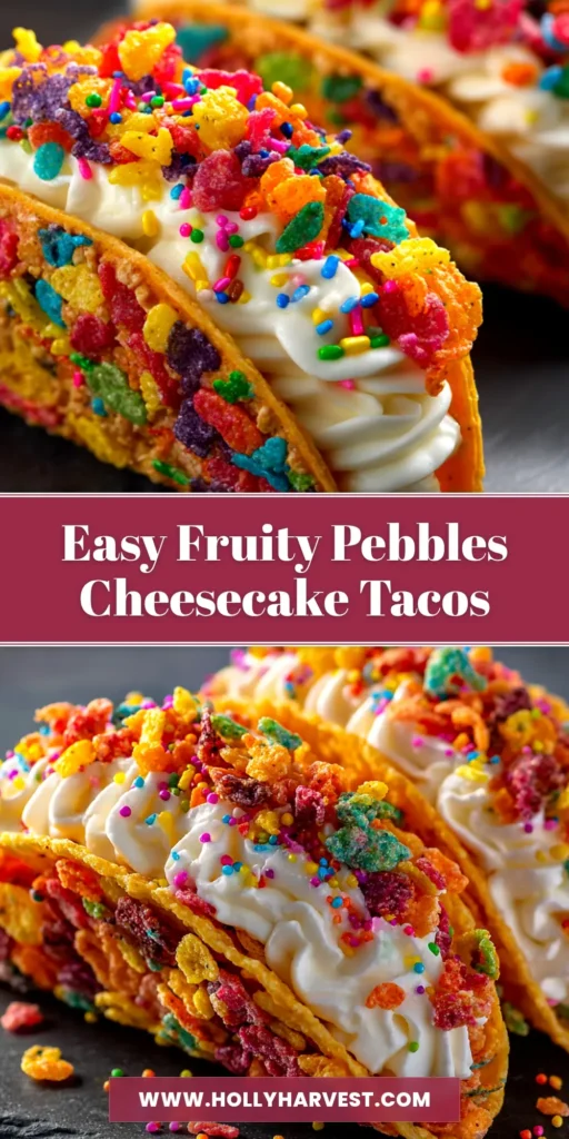 A vibrant and colorful Fruity Pebbles Cheesecake Taco held up against a plain background, showcasing the crunchy cereal shell and creamy white cheesecake filling.