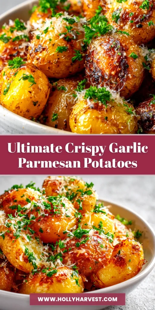 A pan of delicious, crispy Garlic Parmesan Roasted Potatoes, perfectly golden brown and garnished with fresh parsley. The ultimate easy side dish recipe.