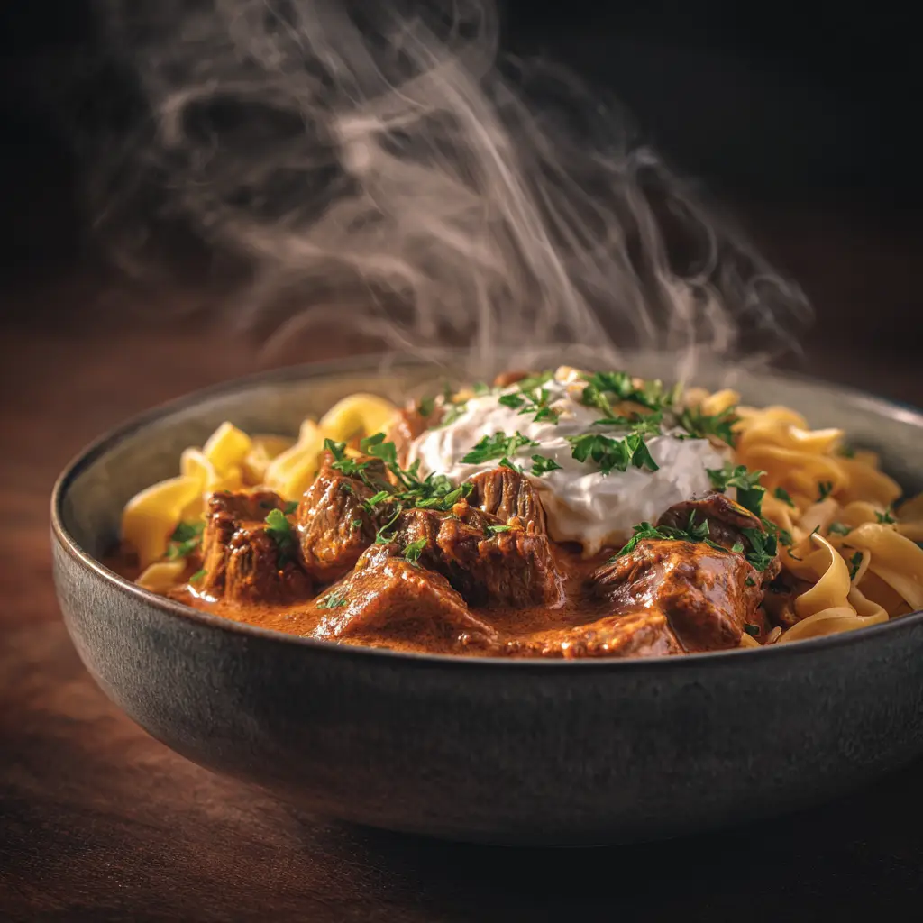 German Goulash Recipe (Authentic & Easy) 2 An extreme close-up of tender beef chunks in a rich, dark gravy for our traditional German Goulash recipe.