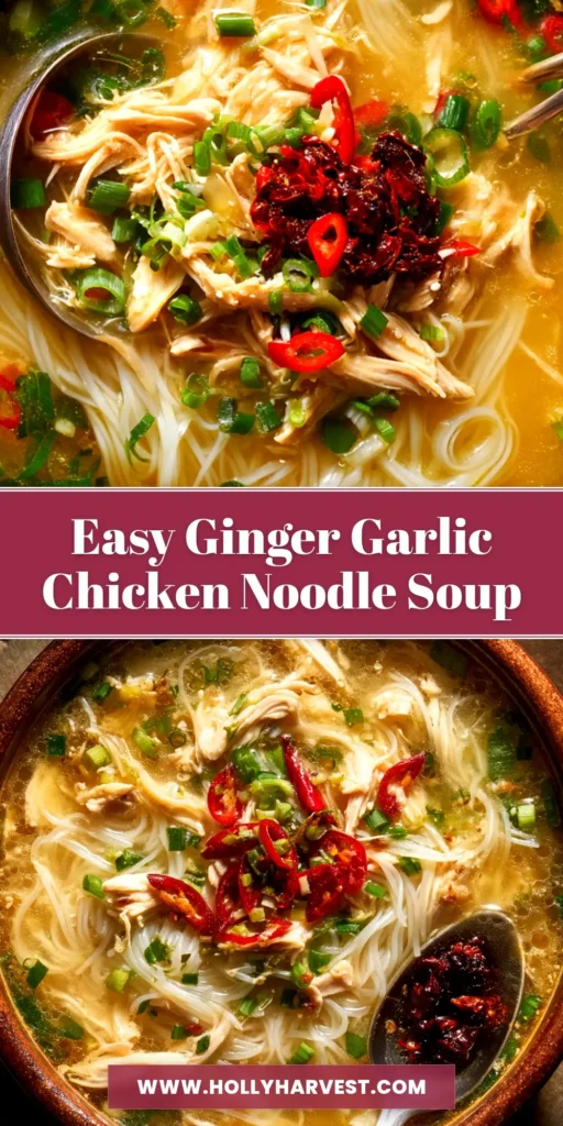 A large white bowl filled with delicious Ginger Garlic Chicken Noodle Soup, garnished with fresh parsley. Perfect for a cozy and comforting meal.