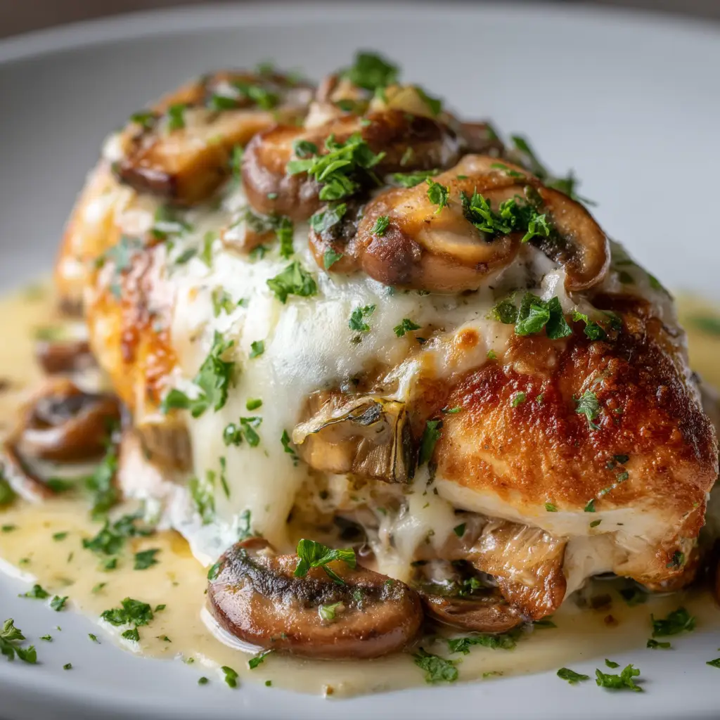Two plated servings of Gouda Mushroom Stuffed Chicken, garnished with fresh thyme and served alongside roasted asparagus.