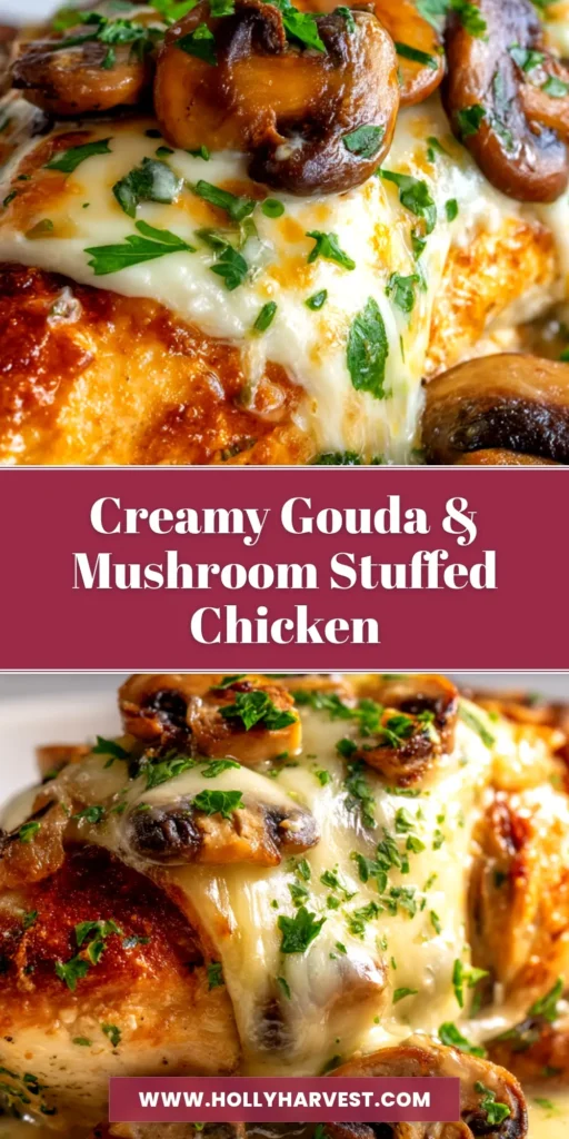 A perfectly cooked Gouda Mushroom Stuffed Chicken breast sliced open to show the creamy, melted cheese and mushroom filling, served on a white plate.