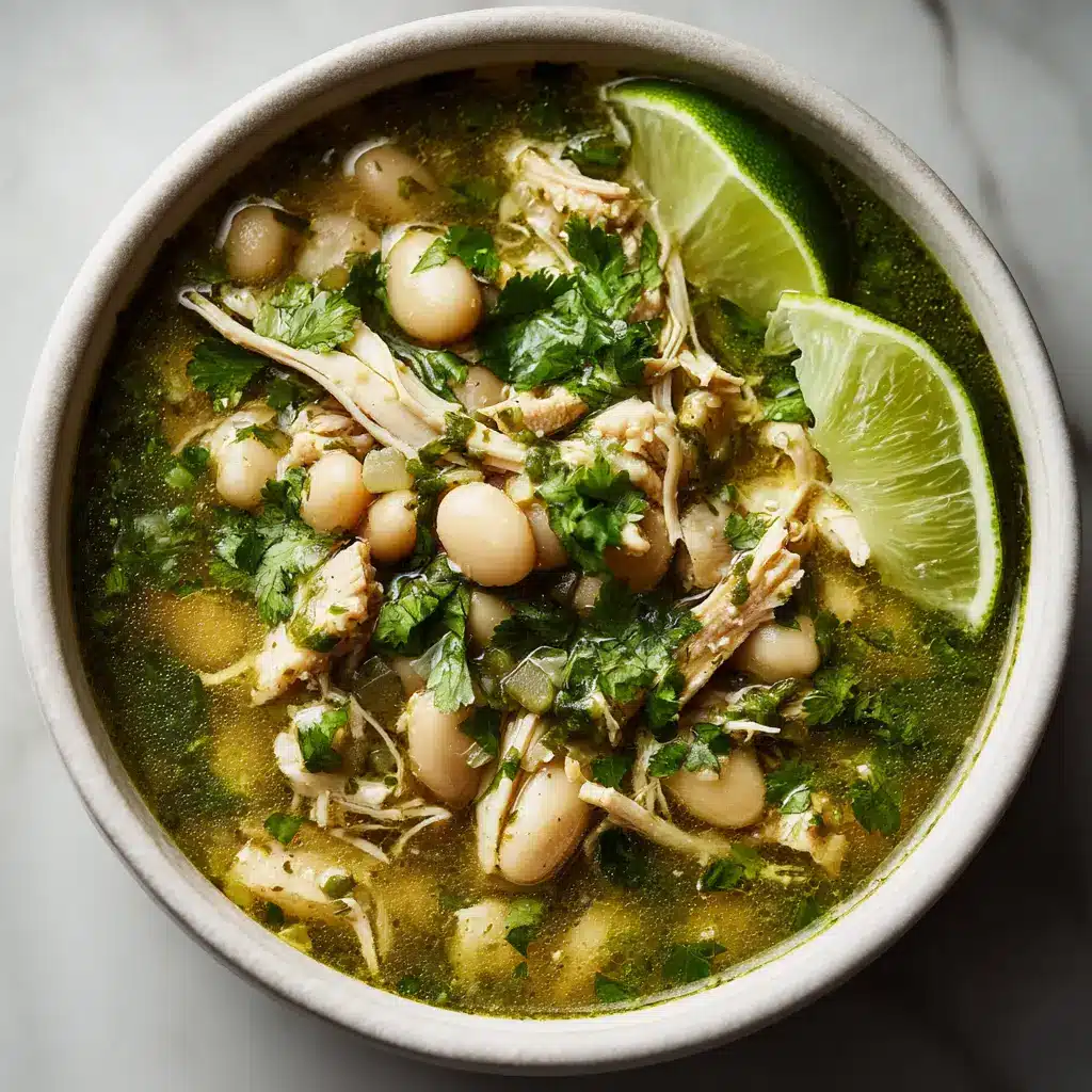 A close-up shot of a steaming bowl of green chicken posole, highlighting the tender shredded chicken and hearty hominy in a vibrant green broth.