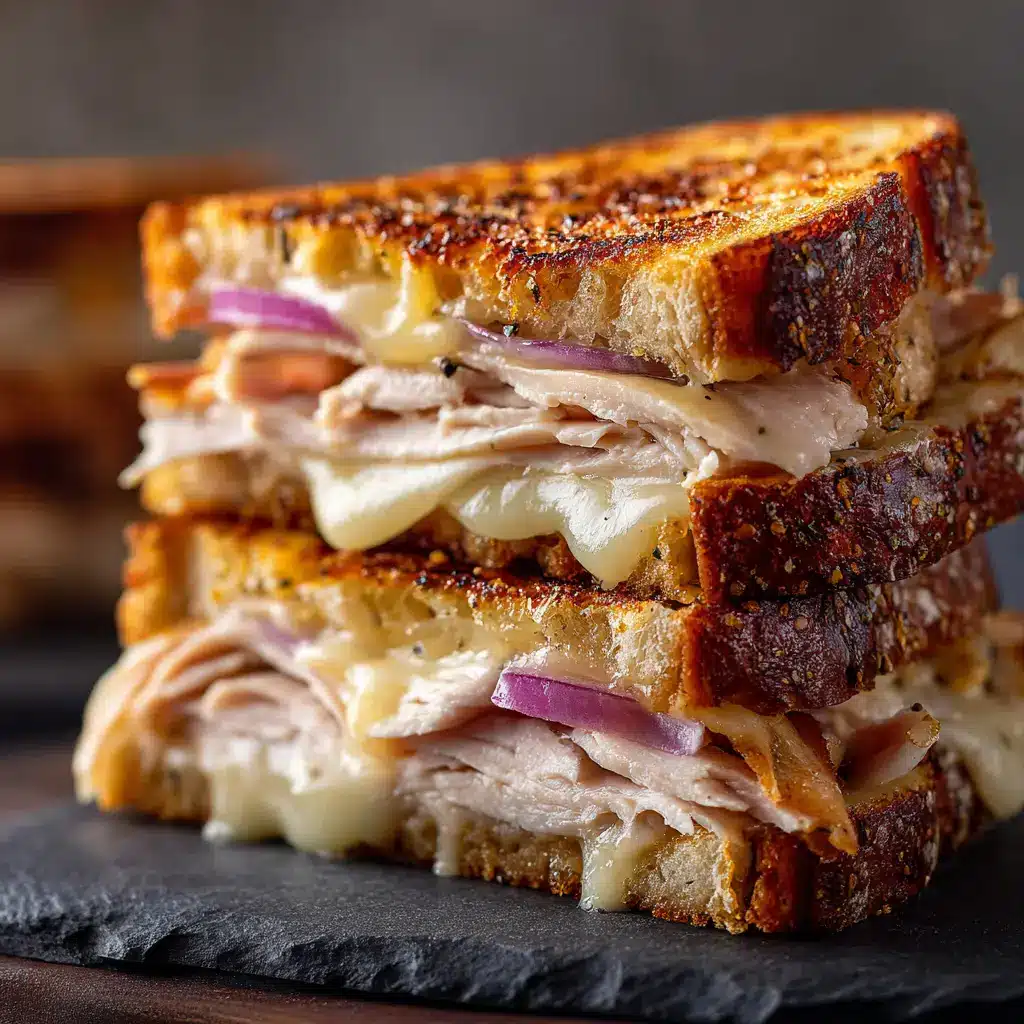 A rustic Turkey Dijon Melt sandwich on a plate, ready to be eaten. The focus is on the golden-brown crust of the bread.