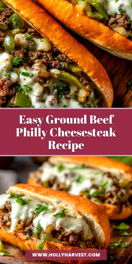 An irresistible Ground Beef Philly Cheesesteak sandwich on a toasted hoagie roll, overflowing with seasoned ground beef, sautéed peppers and onions, and melted provolone cheese.