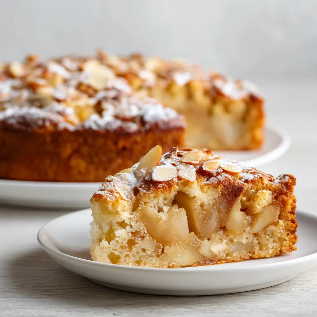 A beautiful shot of the healthy apple snack cake, garnished with a sprinkle of cinnamon and a side of fresh apple slices.