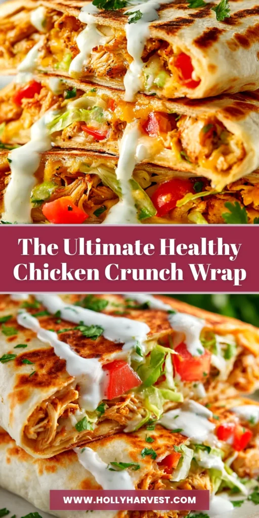 A healthy chicken crunch wrap cut in half to show the delicious layers of chicken, cheese, and fresh vegetables inside. The perfect high-protein meal.
