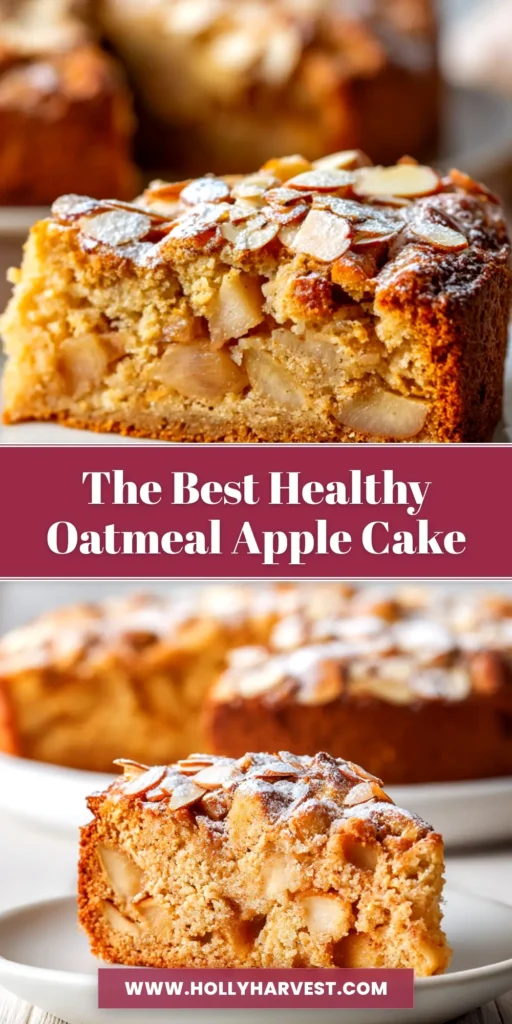 A top-down shot of a delicious and Healthy Oatmeal Apple Cake in a baking dish, with one slice cut out. The perfect wholesome treat for breakfast or dessert.