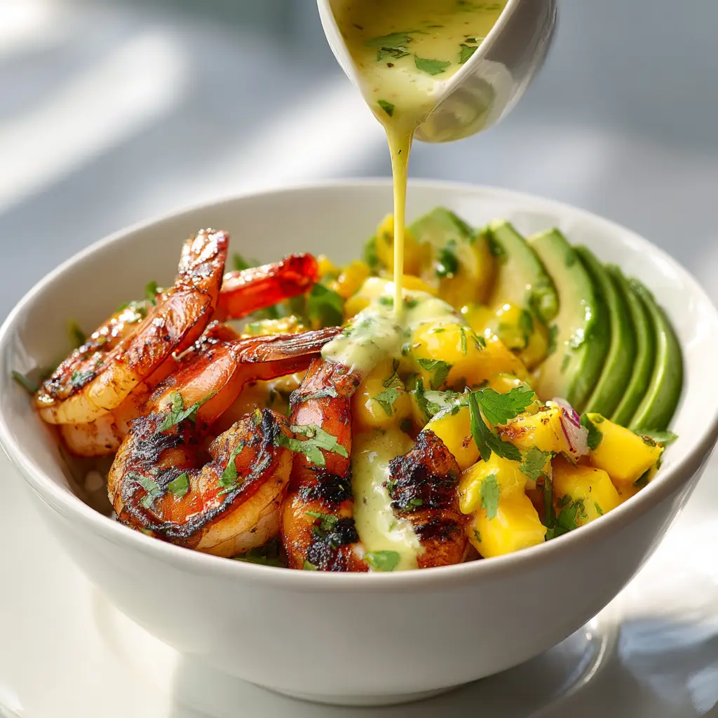 A close-up overhead shot of the healthy shrimp bowl ingredients, with perfectly cooked shrimp and sliced avocado arranged neatly.