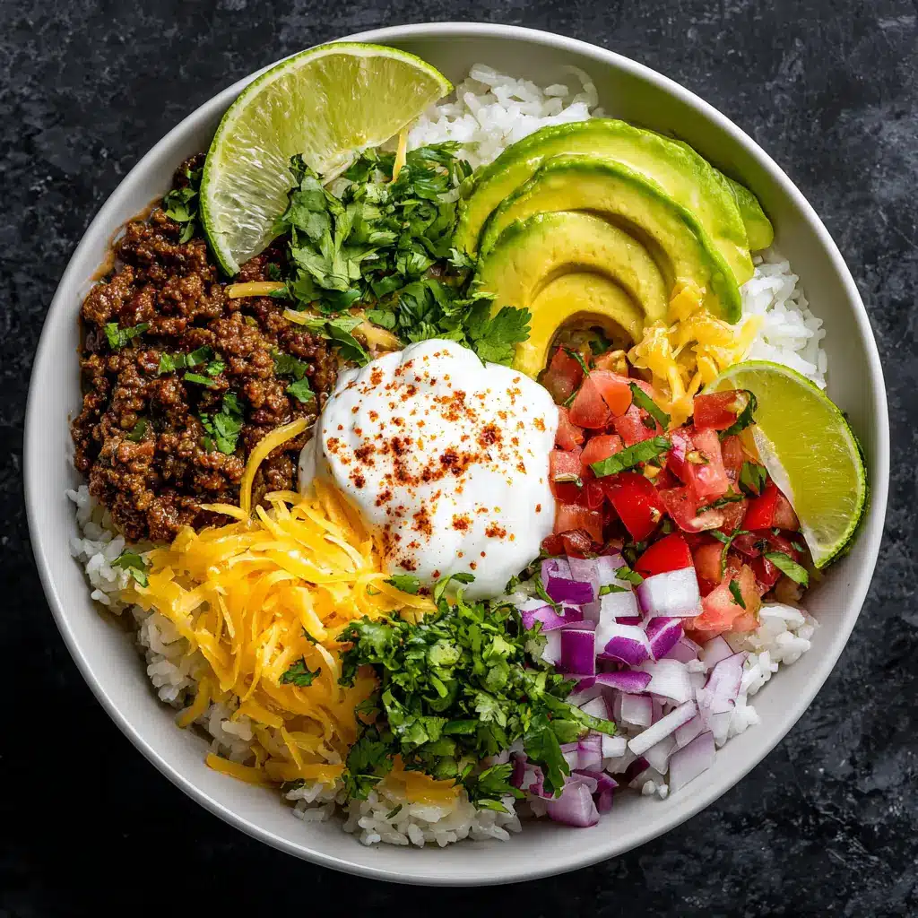 Taco Rice Bowl: The Ultimate 30-Minute Weeknight Meal 2 An overhead view of a healthy taco bowl with ground beef, fresh avocado, corn, and beans. A perfect example of a balanced and easy meal.