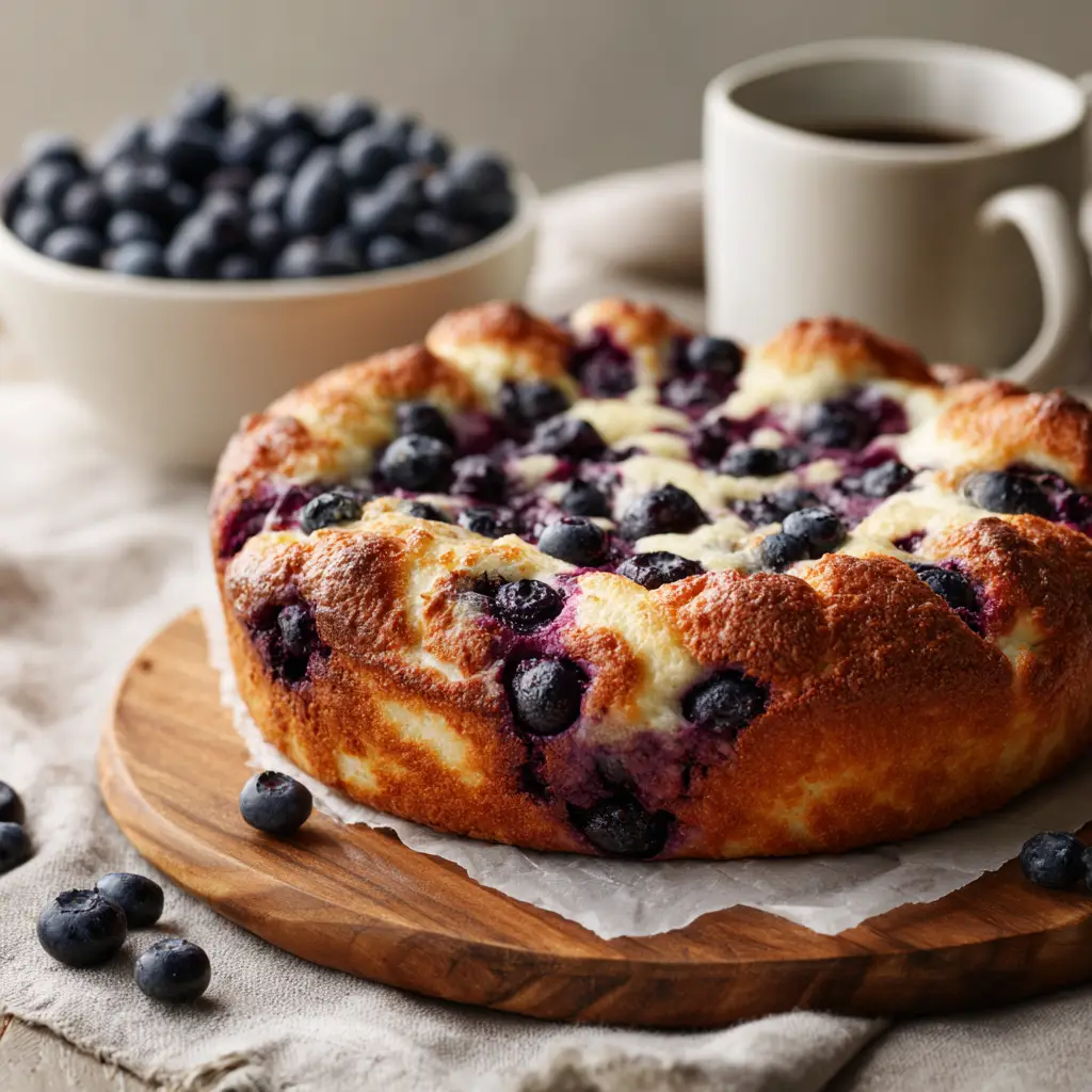 A stack of golden brown, high-protein cloud bread rounds on a rustic wooden board, topped with fresh blueberries. This image shows a sweet variation of the bread.