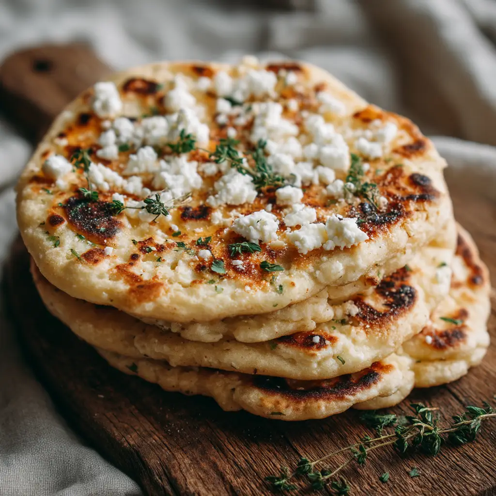 An overhead close-up shot of a stack of freshly baked high-protein flatbread made from cottage cheese, ready to be used for sandwiches.
