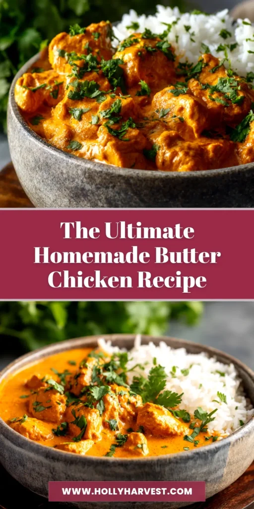 A delicious bowl of homemade butter chicken, rich and creamy, served with a side of basmati rice and fresh cilantro. The ultimate authentic murgh makhani recipe.