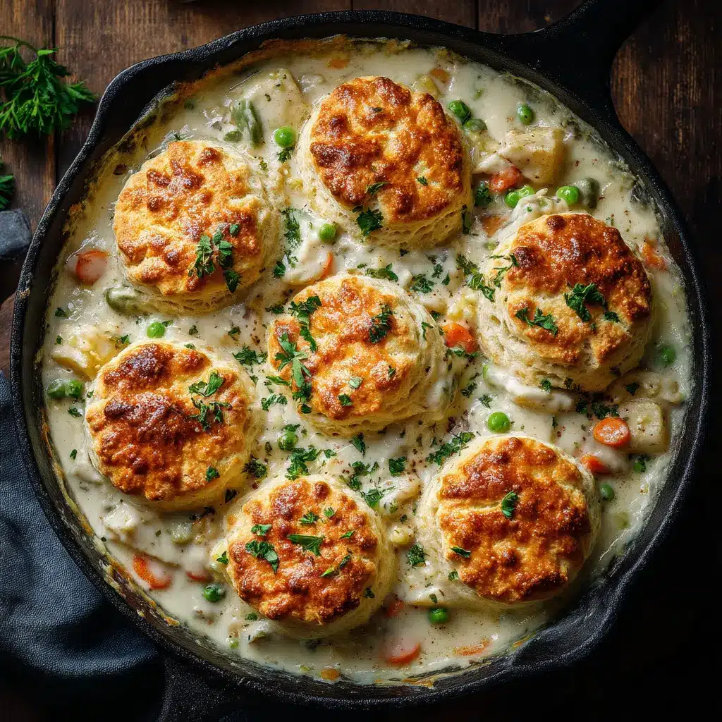 Red Lobster Biscuit Chicken Pot Pie (The Ultimate Copycat Recipe) 2 A savory chicken pot pie with a golden biscuit topping, shown in a rustic black baking dish ready to be served.