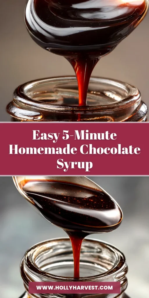 A bottle of rich homemade chocolate syrup being drizzled over a stack of pancakes, with the text 'Easy Homemade Chocolate Syrup' overlaid.
