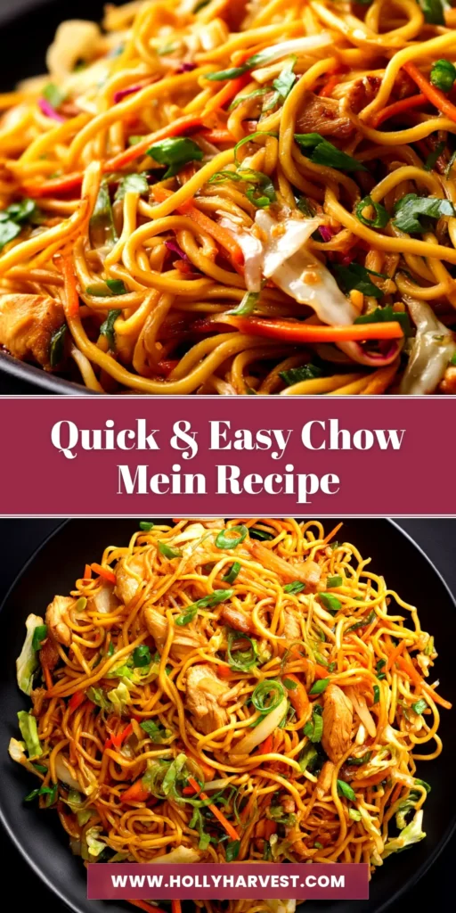 An overhead shot of a delicious homemade chow mein recipe served in a white bowl with chopsticks. The noodles are crispy and tossed with chicken and fresh vegetables.