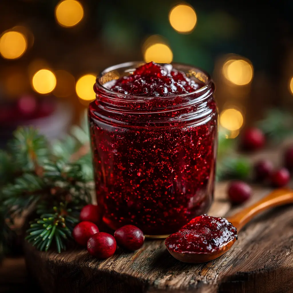 Christmas Jam Recipe: The Perfect Homemade Holiday Gift 2 A glass jar filled with glistening, textured homemade cranberry strawberry jam, ready to be sealed.