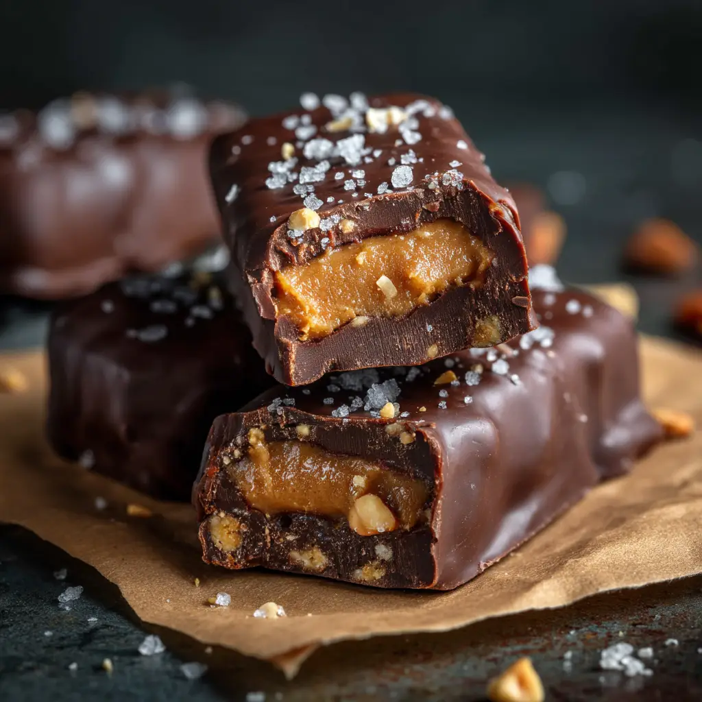 Date Snickers Recipe (The Viral Healthy Treat) 2 A close-up shot of homemade date snickers stacked on a plate, with one cut in half to show the peanut butter filling.