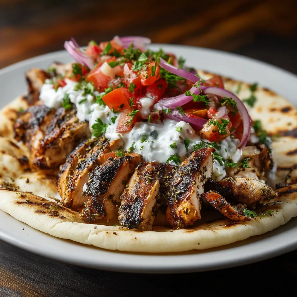 A plate with two homemade Greek chicken gyros ready to be served, illustrating a perfect weeknight dinner. The homemade tzatziki sauce is visible.