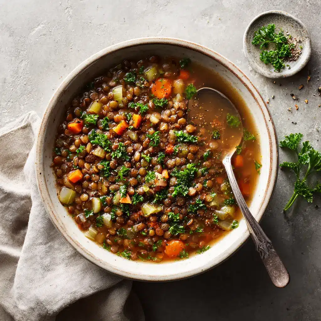 A spoonful of homemade lentil soup being lifted from a bowl, showing the tender lentils and chopped vegetables.